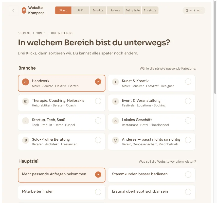 Start: Branche, Ziel & Website-Typ in wenigen Klicks