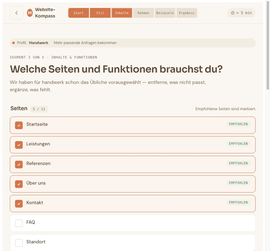 Inhalte & Seitenstruktur, branchengerecht vorausgewählt